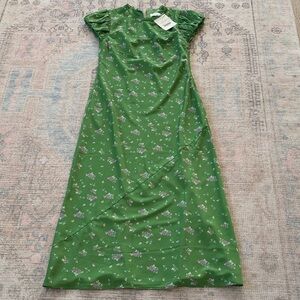 Böhme Green Floral Satin Midi Dress – Puff Sleeve | NWT | Romantic size M